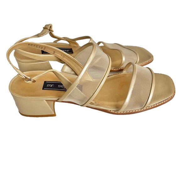 Mr Seymour Vintage 70s 80s Gold Mesh Slingback Sandal Size 10 Block Heel Leather - Picture 5 of 9